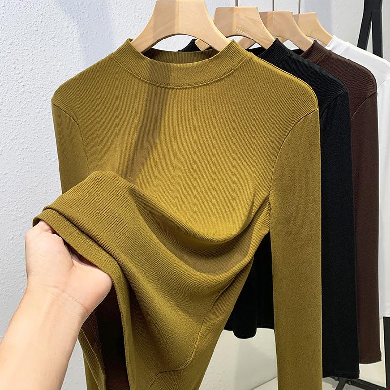 Threaded bottomed shirt women's 2025 new European women's clothing temperament stand-up collar long-sleeved t-shirt waist and elastic top