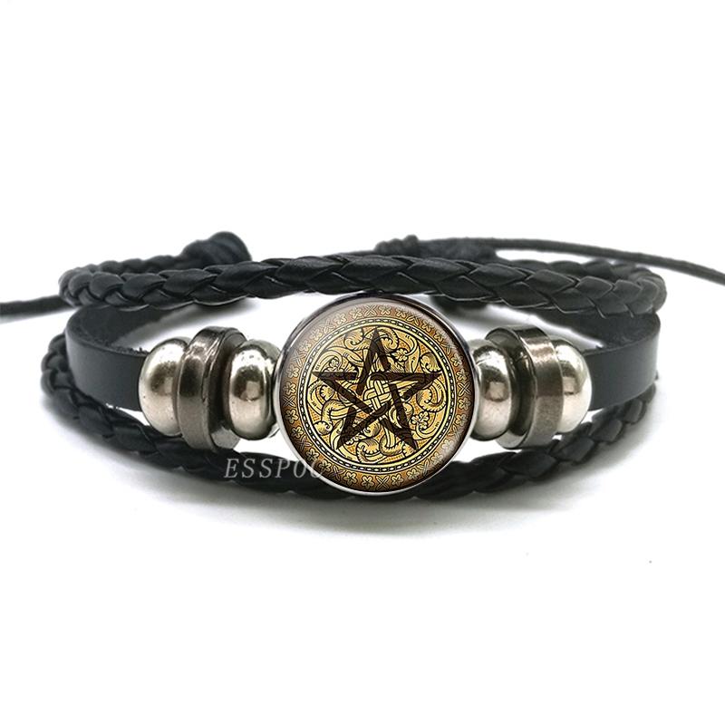 Χειροποίητο πλεκτό δερμάτινο βραχιόλι Occult Star Pentagram Multilayer Triple Moon Goddess Charm βραχιόλι Βραχιόλι Πεντάγραμμο Κοσμήματα