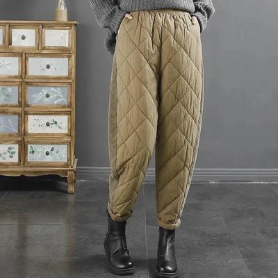 Women's Winter Down Cotton Corduroy Harem Pants - Windproof, Warm, and Spliced with Diamond Pressure Line