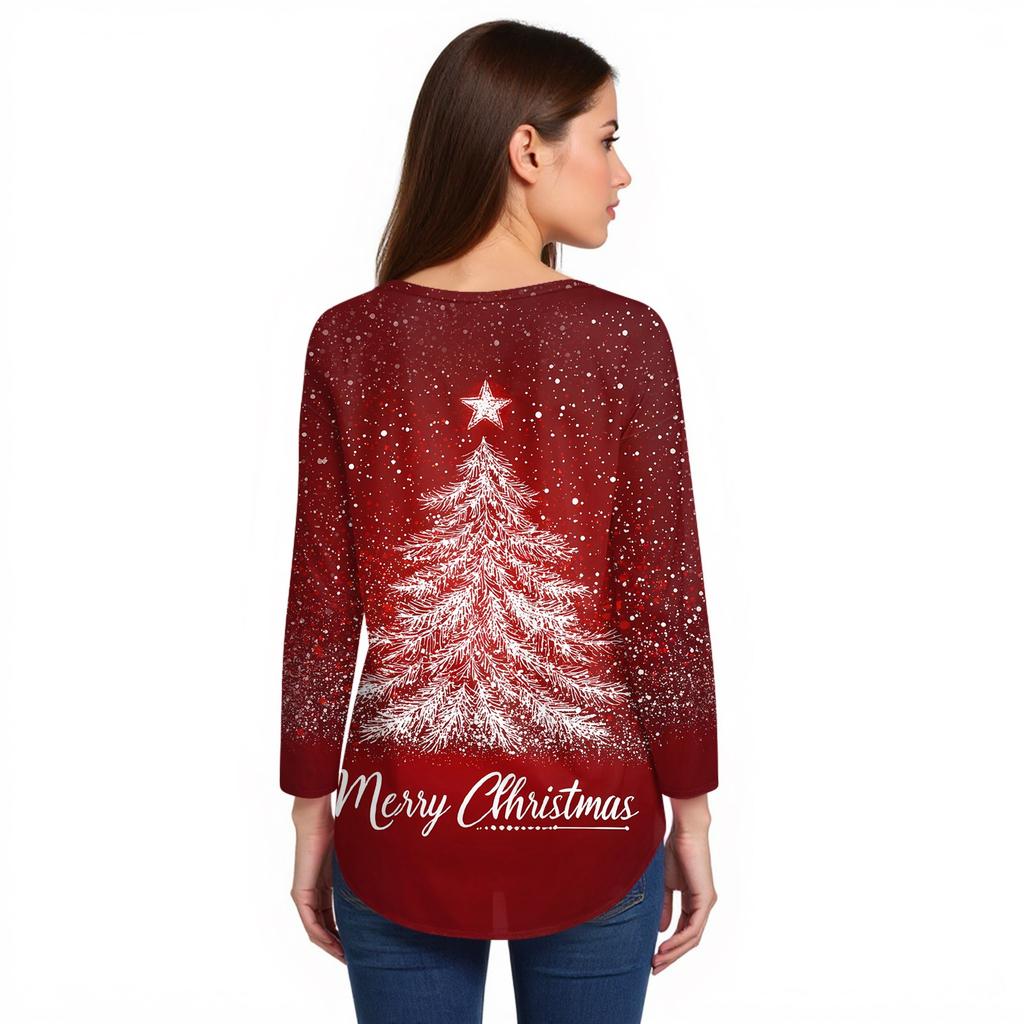 Dame Løs Rund Hals Juleprint Langermet T-skjorte Topp Genser