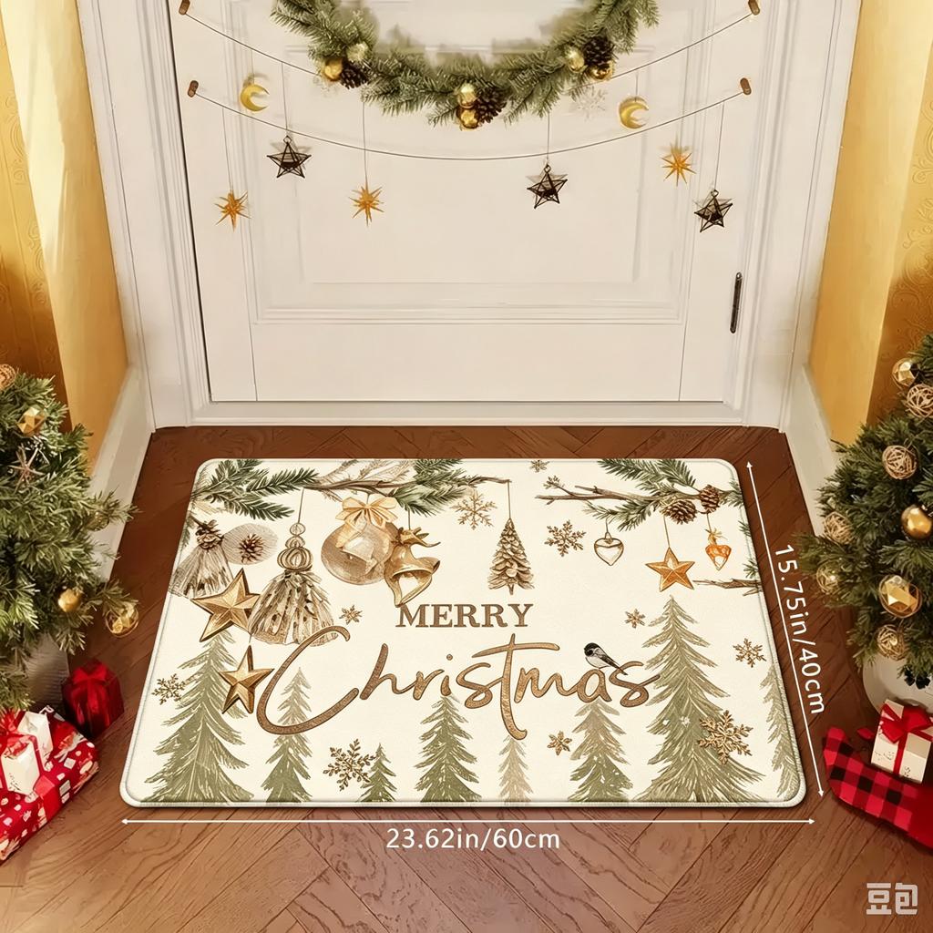Vintage Xmas Welcome Doormat for Entryway Floor Mat Home Holiday Decor Pine Branch Snowflake Letter Pattern Stylish Front Porch