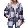 Women's Fashion Plaid Long Sleeved Button Up Hooded Pocket Drawstring Casual Shirt Jacket