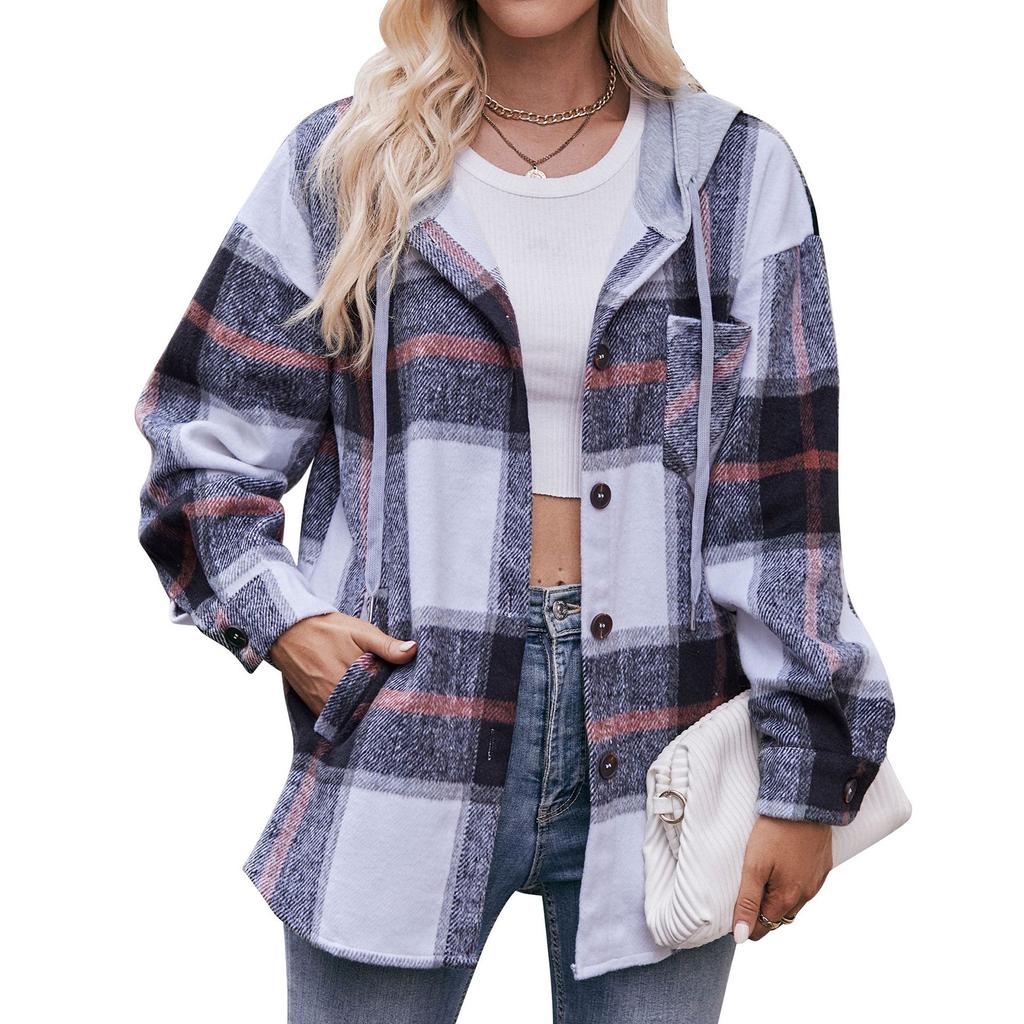 Women's Fashion Plaid Long Sleeved Button Up Hooded Pocket Drawstring Casual Shirt Jacket