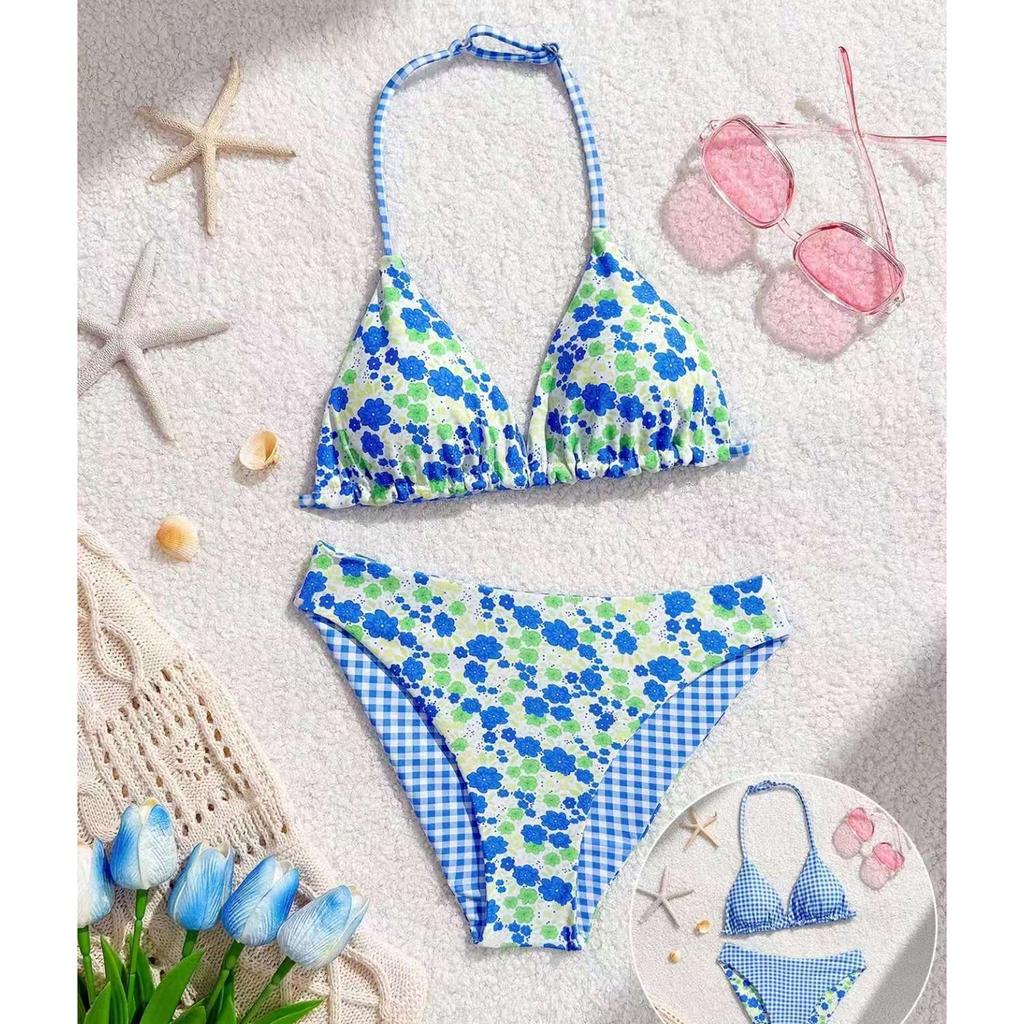 Zweiteiliger Badeanzug für Mädchen, Bikini-Set mit hoher Taille, Blumenmuster und Karomuster, Verstellbarer Neckholder für das Schwimmen im Freien