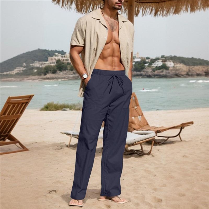 

2025 Мужские Повседневные Летние Пляжные Длинные Брюки из Хлопка и Льна с Кулиской и Эластичной Талией, Удобного Прямого Кроя, Идеальные для Активного Отдыха XXL темно-синий