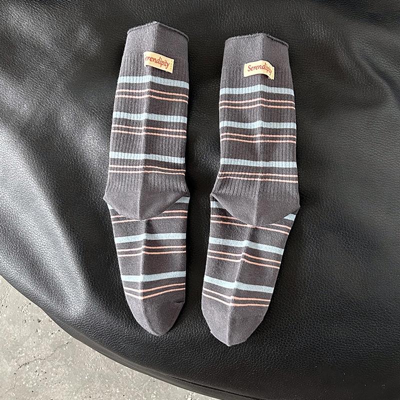 Cartoon Puppy Embroidery Cute Socks Women Autumn and Winter Middle Tube Socks Korean Striped Cotton Knitted Elastic Long Socks