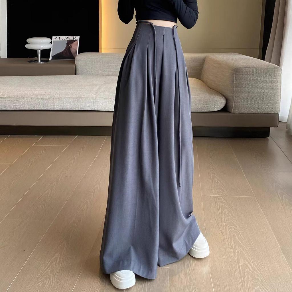 High-Grade Gray Wide-Leg Floor-Length Lace-Up Belly-Control Casual Pants for Women