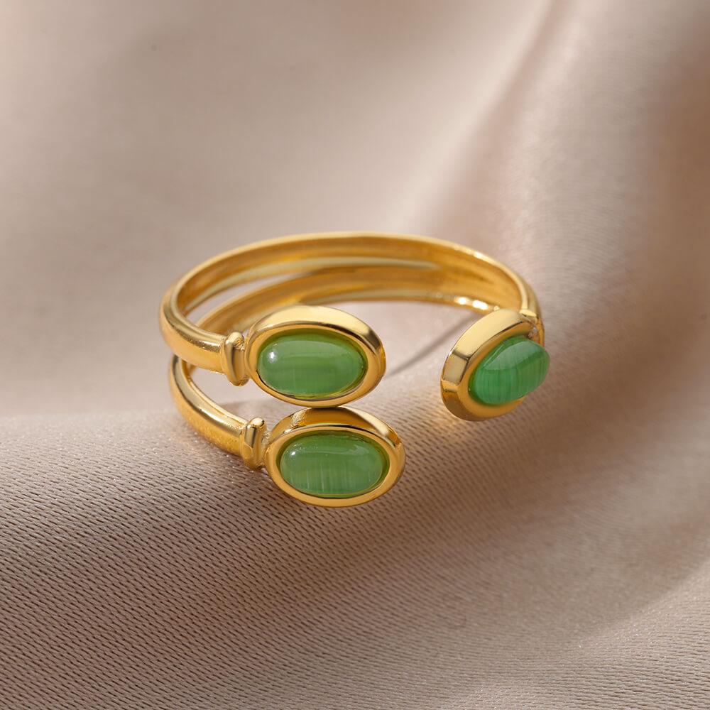 Three Layer Oval Green Stone Opening Rings For Women Stainless Steel Adjustable Opal Ring Wedding Aesthetic Jewelry Gift
