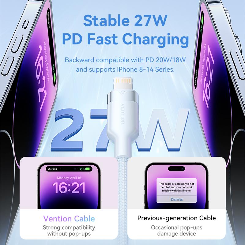 Кабель Vention USB Type C PD 27 Вт для iPhone 15 14 13 12 Pro X 8 — фото 3