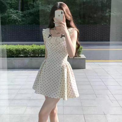Korean Daughter Temperament Polka Dot Suspender Dress Women's Summer Pure Desire High Sense Lace Splicing Flying Sleeve Short Skirt