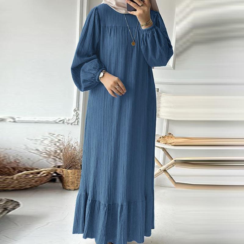 In-Stock Pleated Vintage Muslim Women's Robe with Puff Sleeves and Pocket Hem Ruffle Dress
