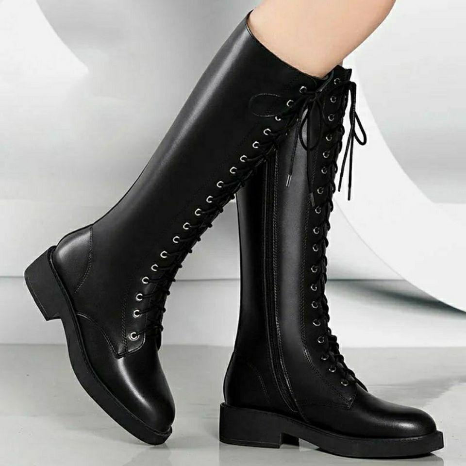 Fashion Shoes for Woman Round Toe Long Lace-up with Laces Footwear Winter Knee High Shaft Biker Black Women's Boots Fashion 2024 Quality
