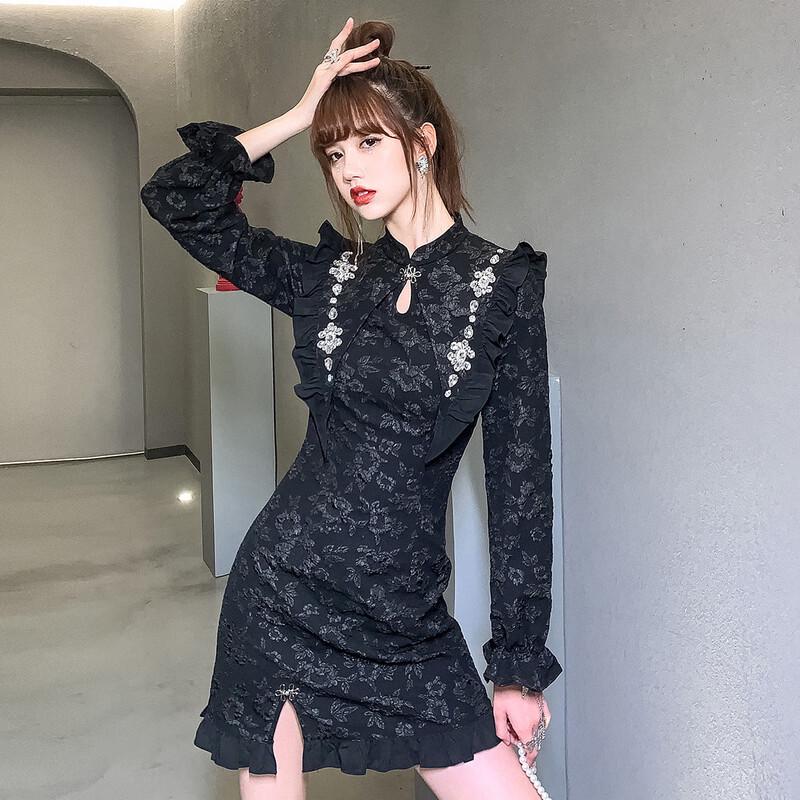 

JK&JS Black Retro Chinese Style Long-Sleeve Modified Cheongsam Dress S
