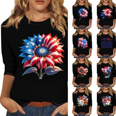 3/4 Sleeve Tops For Women T-Shirt Casual Print Tops T Shirt Round Neck Pullover Blouse