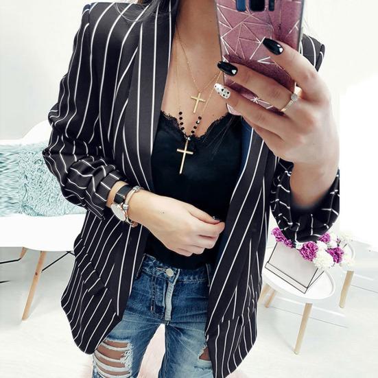 Fashion Autumn Women Stripe Lapel Long Sleeve Slim Fit Blazer Suit Jacket Coat