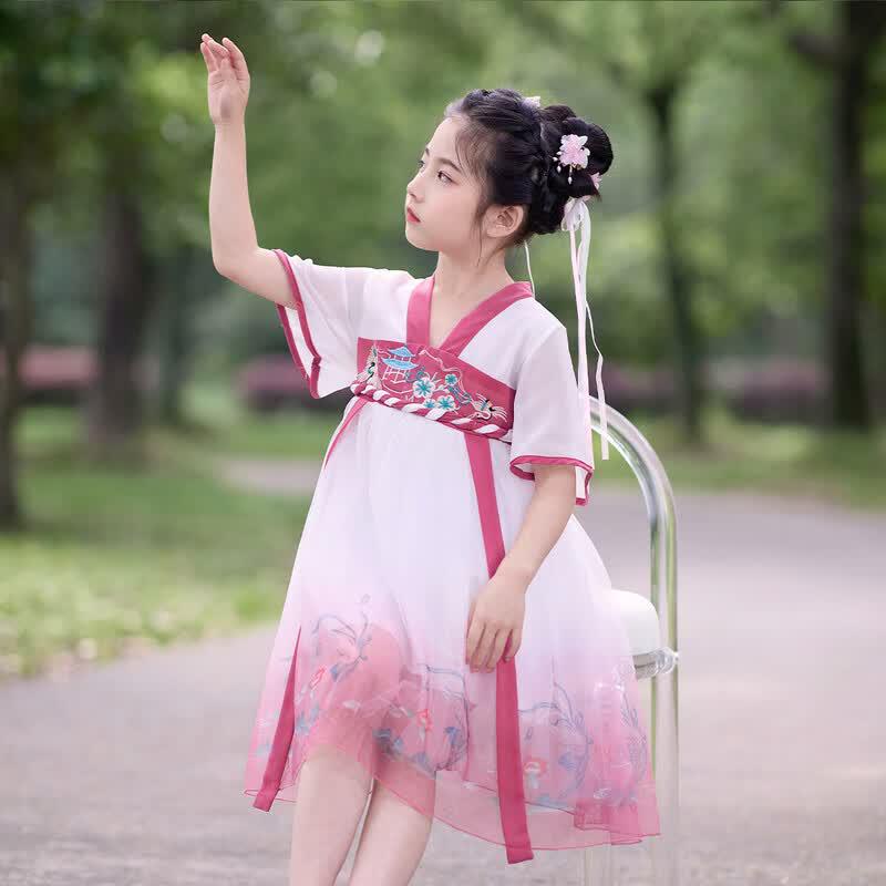 Little Tiger Patty Girls' Summer Embroidered Chiffon Hanfu Dress