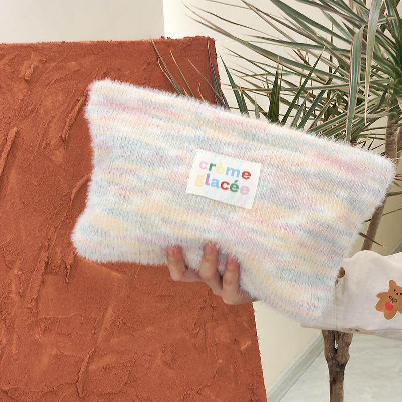 

Soft Plush Women s Cosmetic Bag Makeup Cases Colorful Knitted Stripe Ladies Storage Bags Sweet Female Clutch Purse Handbags розовый