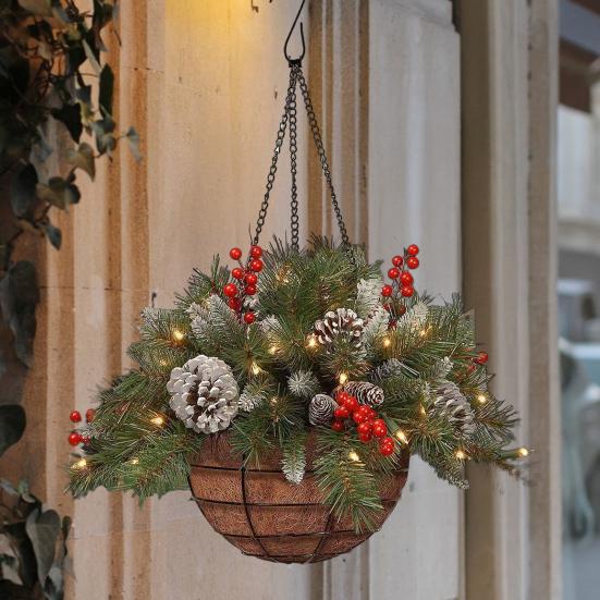 Yousheng Christmas Hanging Baskets Pre-Lit Artificial Basket with LED Lights Pine Cones Berries Winter Outdoor Planter for Outside Porch Front Door