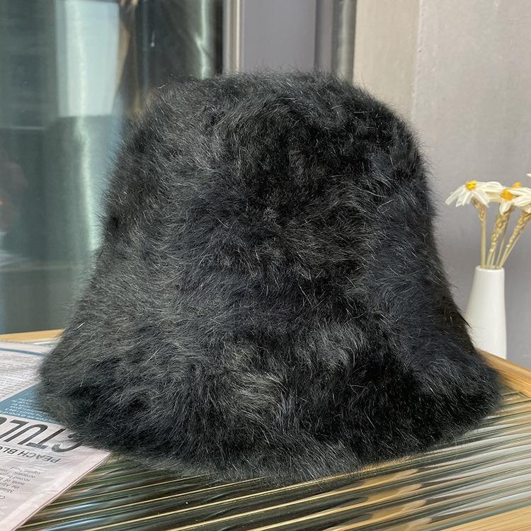 Rabbit Fur Hat Female Autumn and Winter Versatile Plush Bucket Hat Showing Face Small Bucket Hat Warm Student Basin Hat