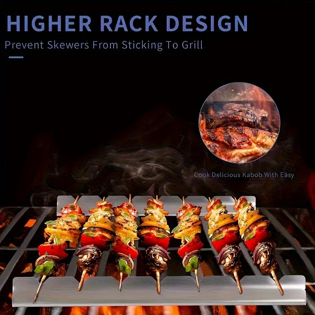 BBQ Skewer Rack Stainless Steel Barbecue Grill Stand Holder for 2 Skewers Non-Touch Elevated Design Heat Resistant Durable