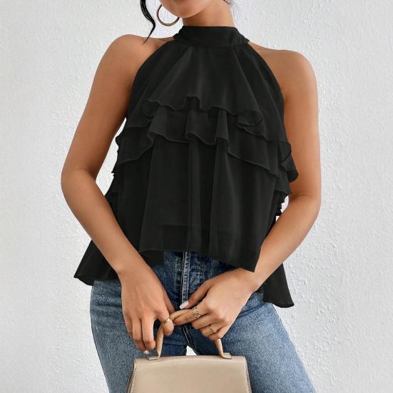 Women Tops Halter Neck Sleeveless Solid Color Pullover Tops Multi Layer Ruffle Hem Commuting Style Short Tops