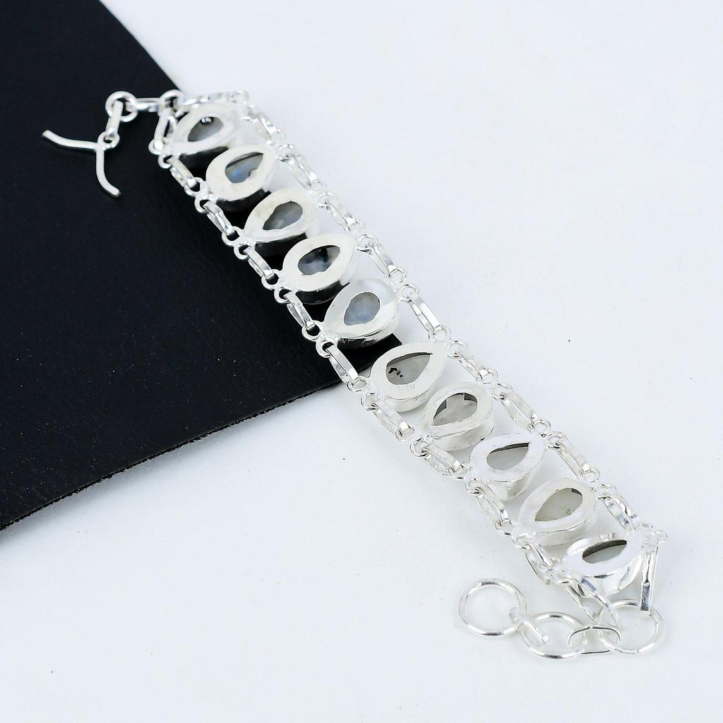 Natural Rainbow Moonstone Gemstone Handmade 925 Sterling Silver Bracelet, Rainbow Moonstone Bracelet For Wife , Unisex Bracelet, Easter Gift