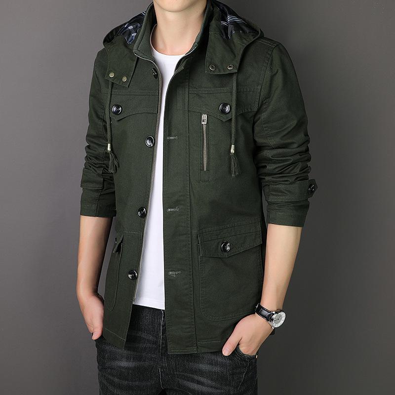 Men's Mid-Length Hooded Jacket - 100% Cotton, Casual Spring/Autumn Trench Coat