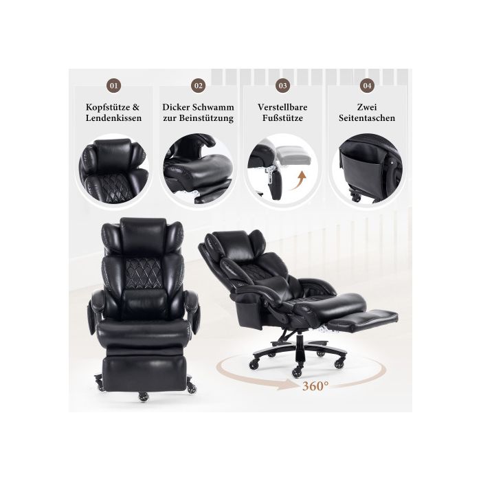 Chaise de bureau ergonomique avec repose-pieds, pivotante à 360 degrés, dossier réglable, supportant jusqu'à 150 kg (noire)