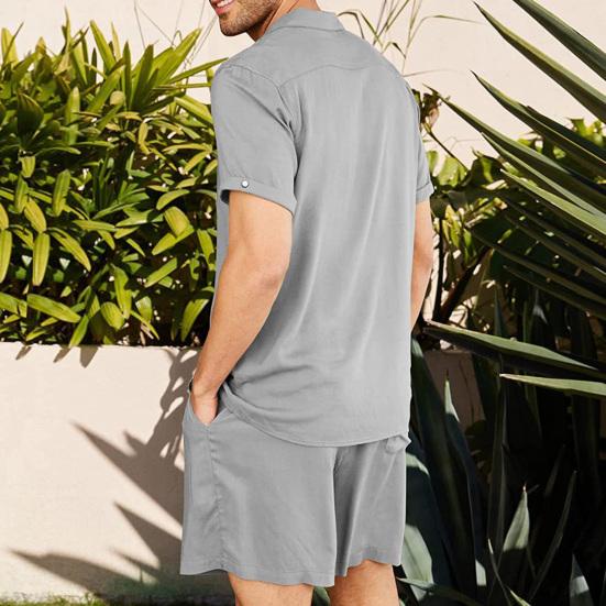 2 Pcs/Set Summer Shorts Suit Solid Color Turn-down Collar Single-breasted Soft Men Tracksuit for Beach