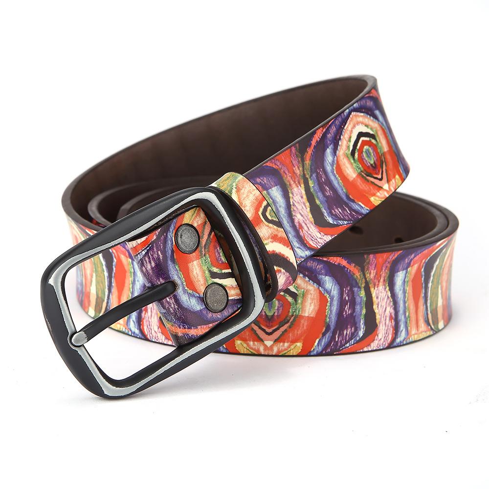 Pure Cowhide Printed Belt, Rainbow Graffiti Genuine Leather Personality European and American Decorative Belt