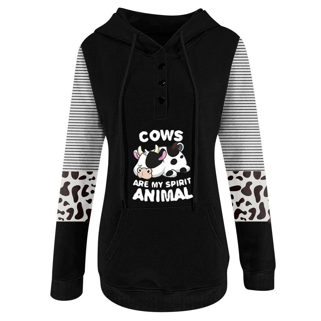Women's Casual Fashion 2022 Cows Stripes Print Long Sleeve Pullover Hooded Top