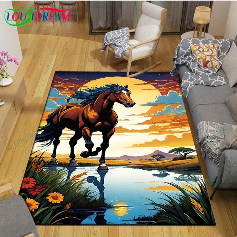 3D Realistic Horse Print Area Rug – Non-Slip Large Carpet for Living Room or Kids Bedroom – Artistic Home Decor Floor Mat