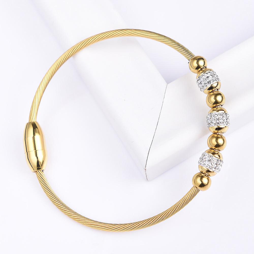 18K Gold Stainless Steel Bracelet with 3MM Magnetic Clasp and Diamond-Paved Cable Wire Design for Women