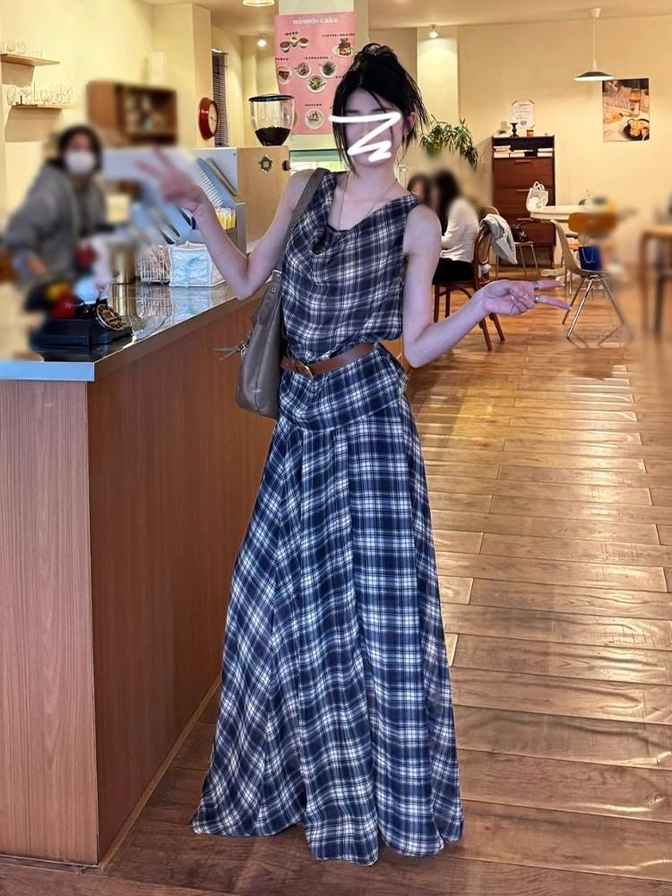 Lazy Plaid Suit Women's Sleeveless Swing Neck Vest Top + Long Skirt Two-piece Set Looks Thin
