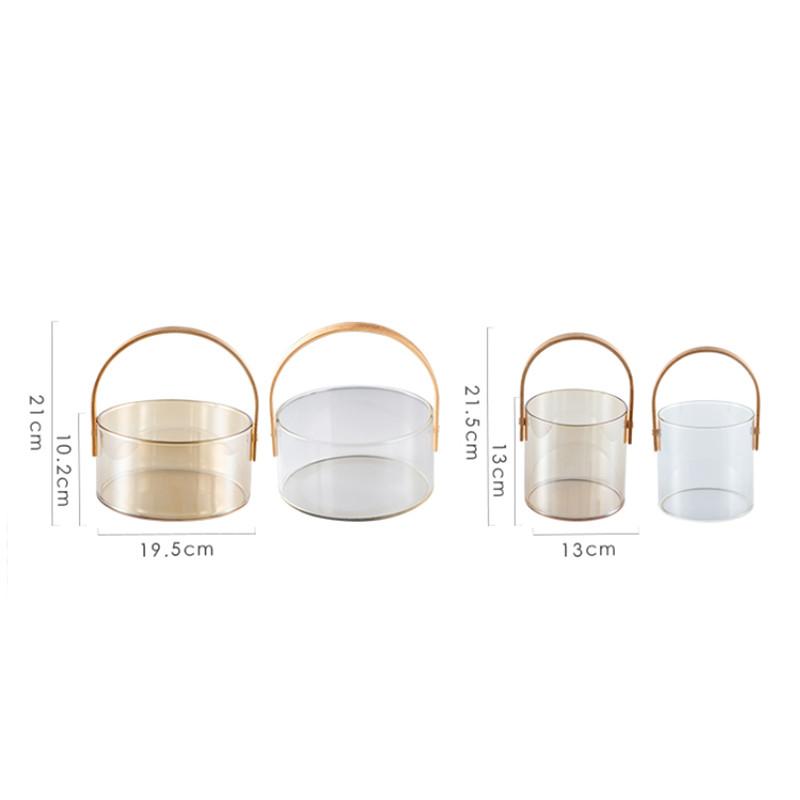 Přenosná průhledná skleněná mísa na ovoce | Kbelík na ledové víno | Salátová mísa | Koš na svačinu s dřevěnou rukojetí