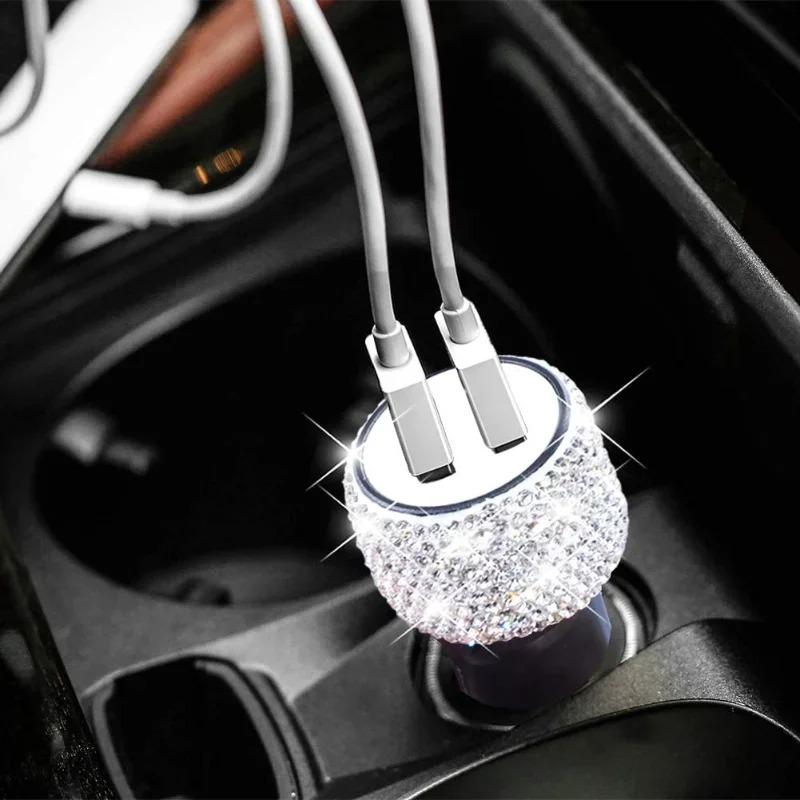 Dual USB Car Chargers - Handcrafted Glass Ornaments with Diamond-Like Charging Decor