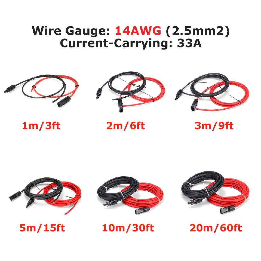 1 Pair Solar PV Cable 2.5mm 14 AWG Solar Panel Extension Cable Copper Wire Black + Red with MC4 Connector