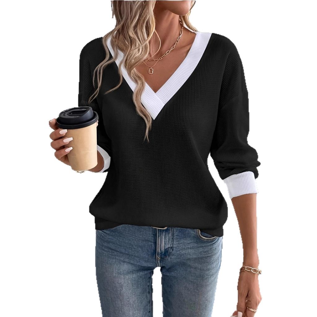 Nové podzimní dámské oblečení Jednobarevné módní tričko s dlouhým rukávem a výstřihem do V