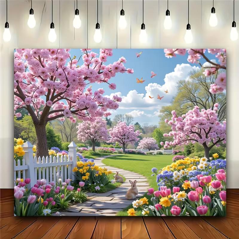 

2D Spring Cherry Blossom Backdrop, Easter Garden Photo Background 47.2x31.5inch/120*80cm