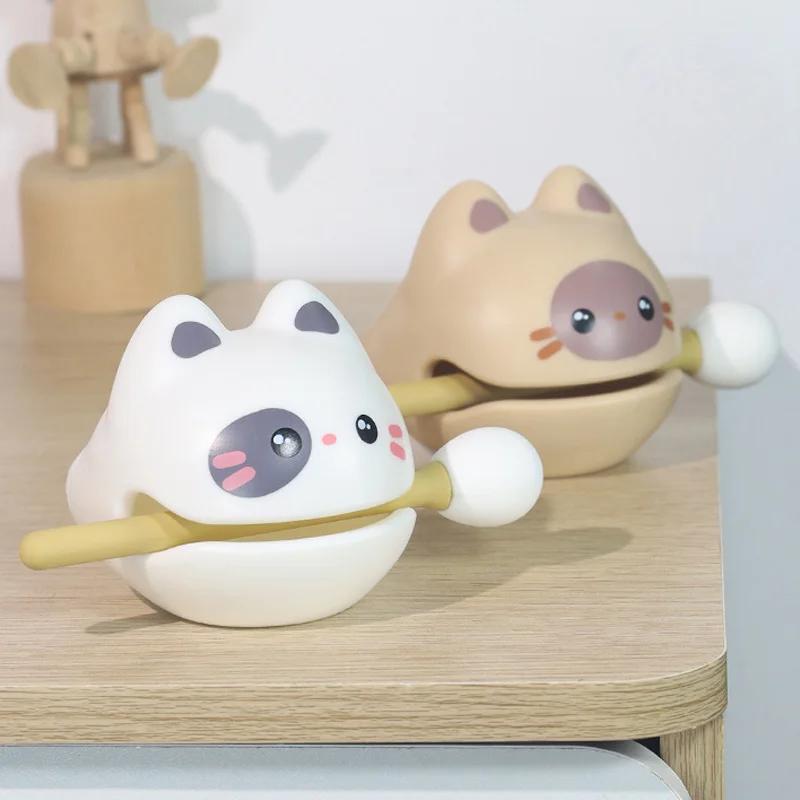 1PC Cute Cartoon Wooden Fish Funny Decompression Toy Soundmaking Percussion Instrument Fortunate Wooden Fish Cat Figurines Decor