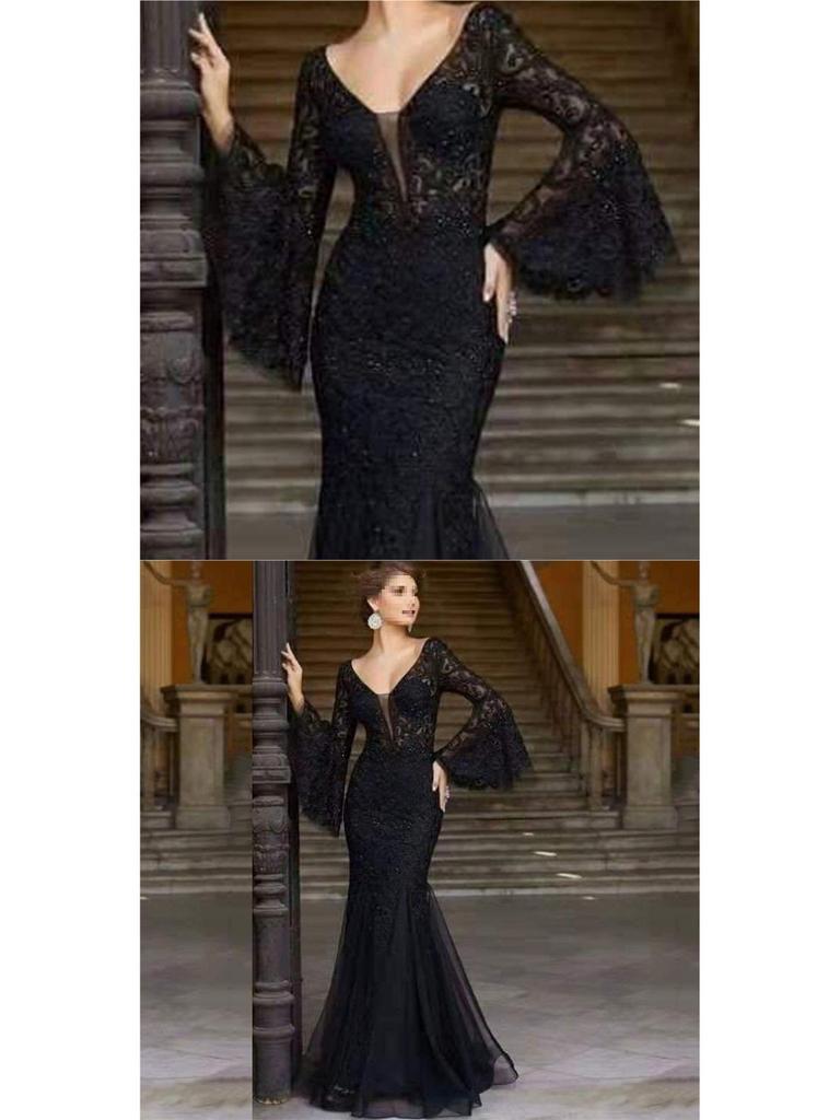 Elegant Black Fishtail Lace Evening Gown for Women