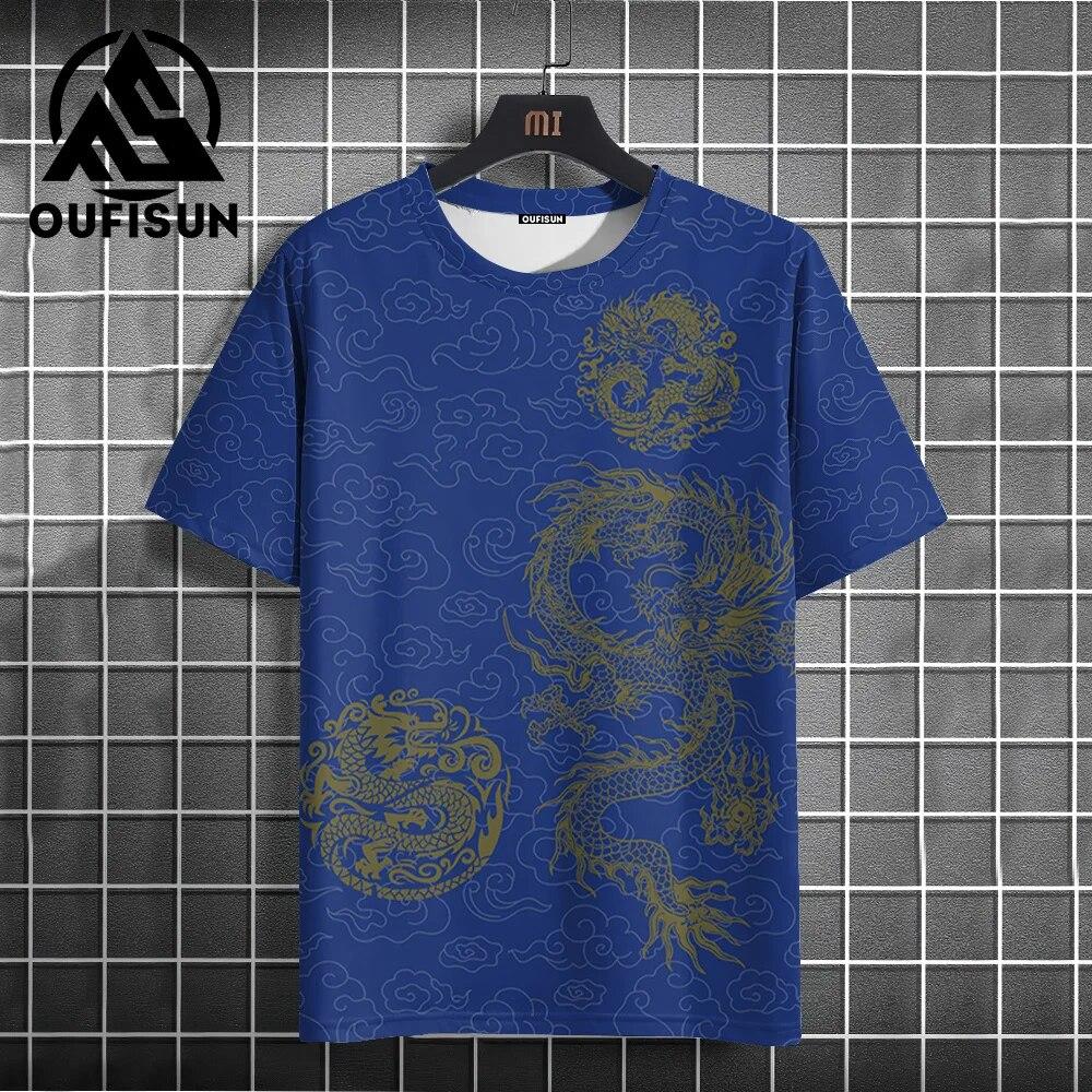 Letní pánské tričko s potiskem draka, módní, ležérní, s krátkým rukávem, denní pouliční oblečení, nadměrné, s kulatým výstřihem, pulovr