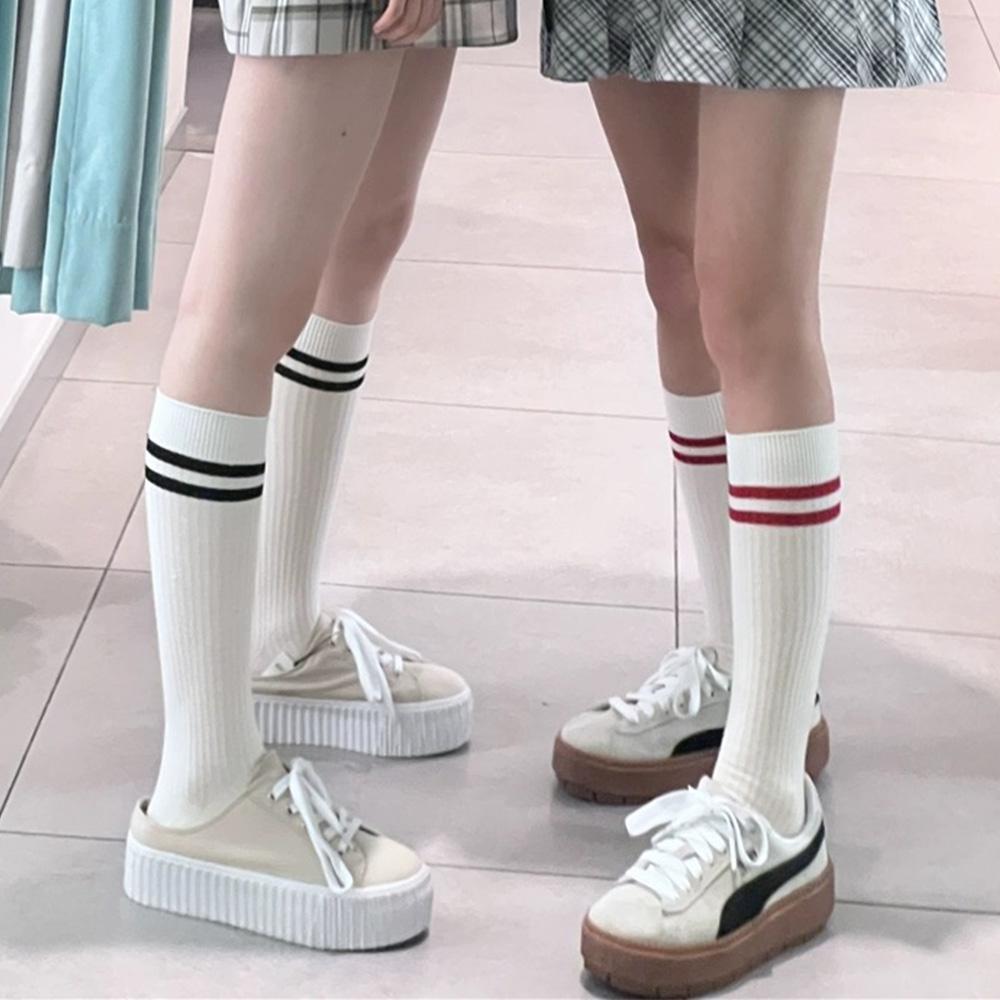 Women Striped Cotton Long Socks Japanese JK Black White Knee High Stockings Students Girls Solid Color Long Tube Leg Warm Socks