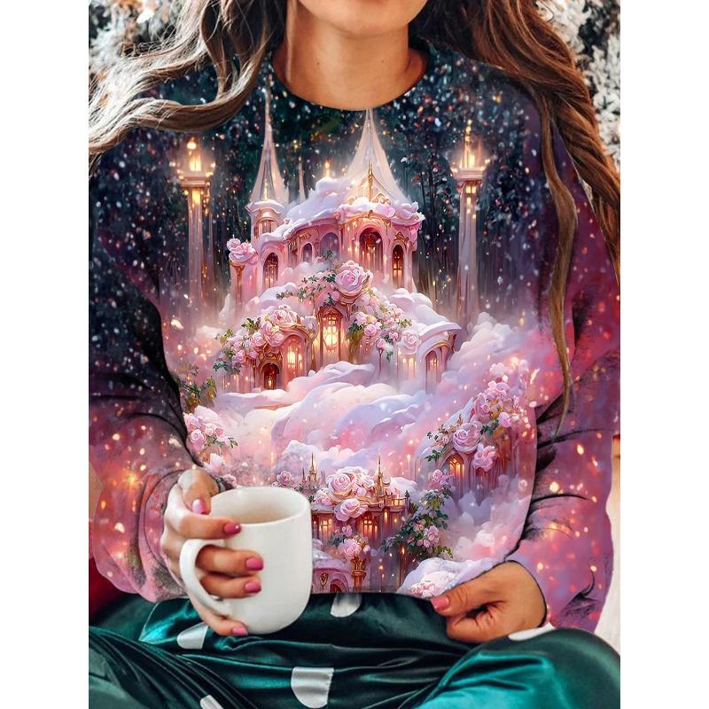 Women s Christmas 3D Winter Snowflake Castle Print Crew Neck Pullover Sweatshirt, Autumn/Winter Loose Casual Versatile Style S