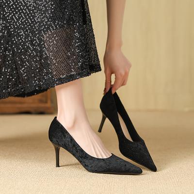 New Class A Shiny Sheep Beijing Velvet Thin Heel Shallow Mouth Pointed Wedding Banquet Commuter Versatile Comfortable Women's Simple Heels
