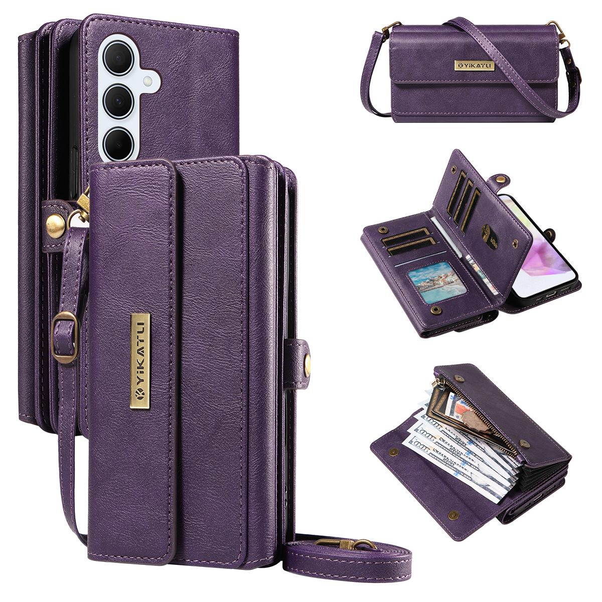 

For Samsung Galaxy A35 5G Case YIKATU YK-008 Zipper Wallet Leather Phone Cover with Shoulder Strap Purple