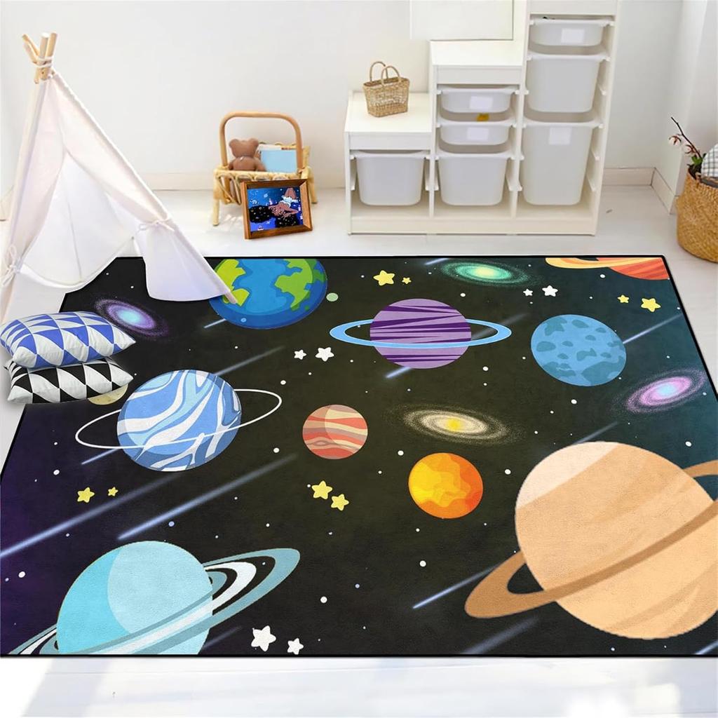 Space Rug - Space Rug for Boys Room Cartoon Solar System Carpet Educational Learning Carpet for Playroom Planet Themed Mat