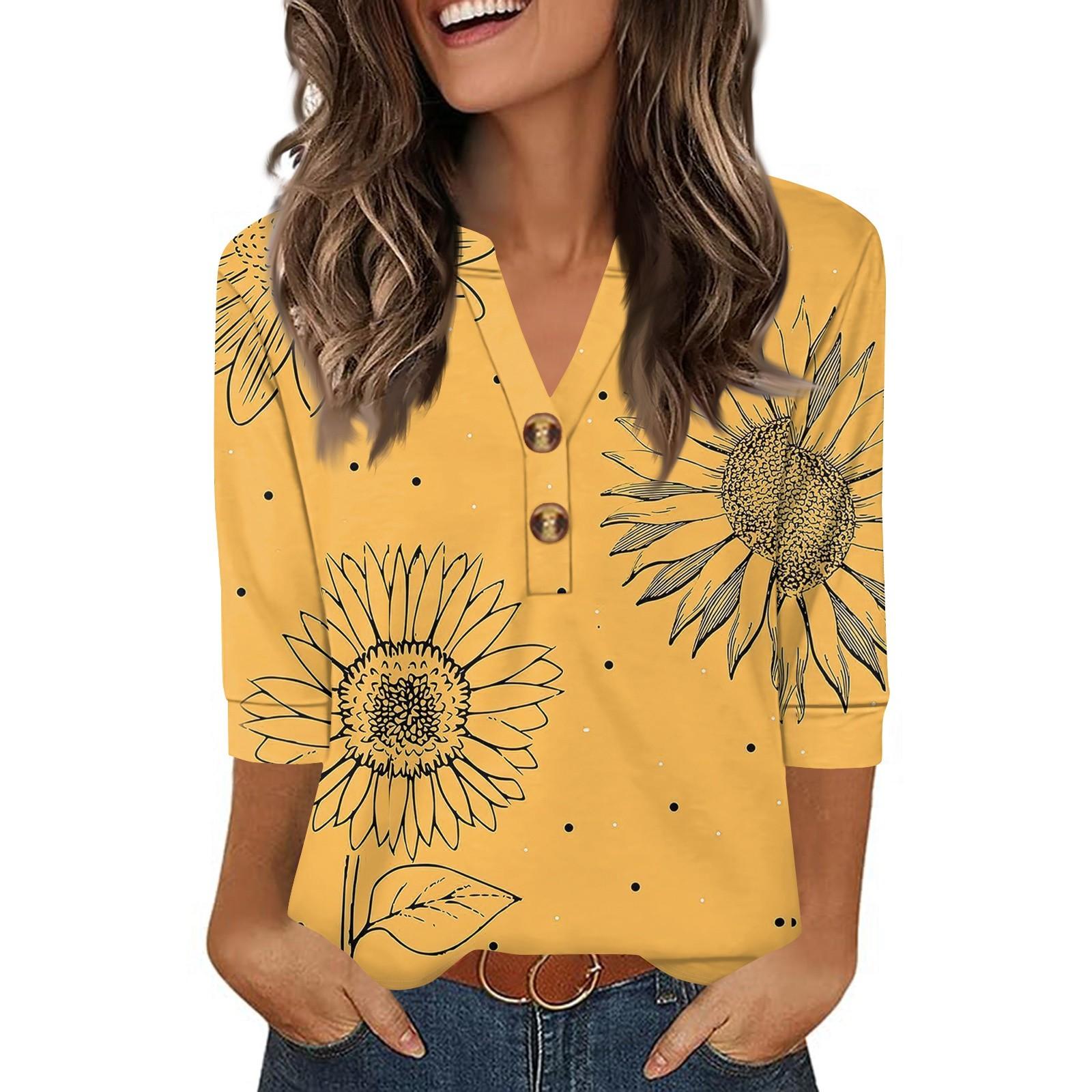 

Женская модная повседневная ретро рубашка с цветочным принтом, рукавом три четверти, свободного кроя, с V-образным вырезом и пуговицами XL жёлтый