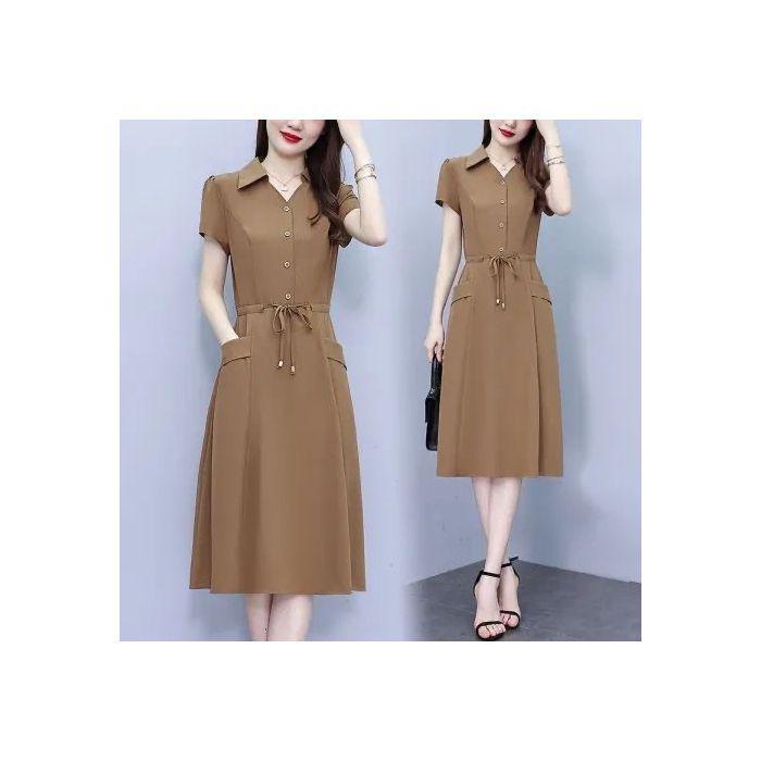 Elegant Plus-Size Short Sleeve Red Dress for Women - Waist-Slimming and Tummy-Covering Design for Middle-Aged and Elderly Ladies