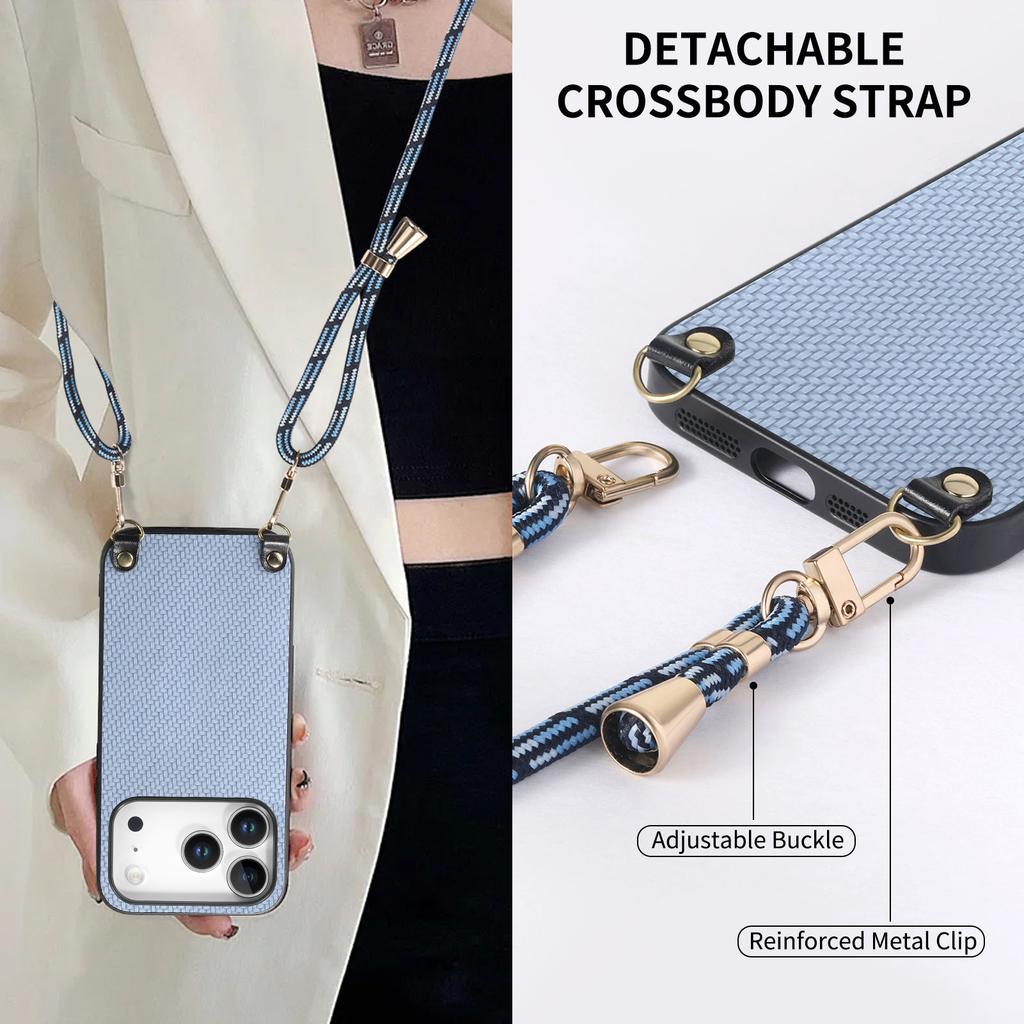 For iPhone 17 Pro Case Carbon Fiber Texture PU+PC+TPU Anti Drop Phone Cover with Crossbody Lanyard